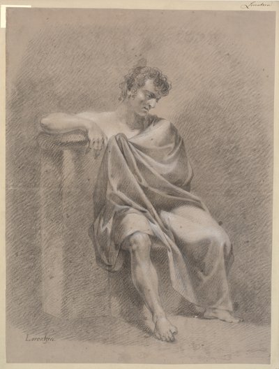 Sitzendes Modell in Draperie. Sitzend auf niedriger Plinthe und ruhend mit dem rechten Arm auf hoher Plinthe von C.A. Lorentzen