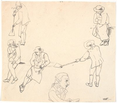 Skizze mit sechs männlichen Figuren, zwei mit Schaufeln, drei sitzend, sowie ein Männerprofil von C.D. Fritzsch