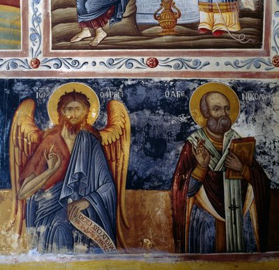 Erzengel und Heiliger, Freskengewölbe im Kloster Mikro Sotiris, Symi Insel, Griechenland (Foto) von J.B. and Brown J. Rowbotham