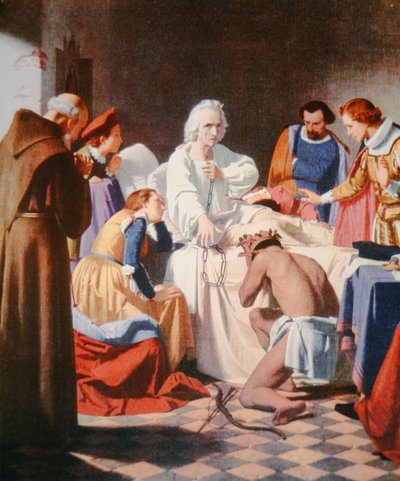 Kolumbus auf seinem Sterbebett, die Ketten haltend, in denen er von seiner dritten Reise zurückkehrte von J.B. and Brown J. Rowbotham
