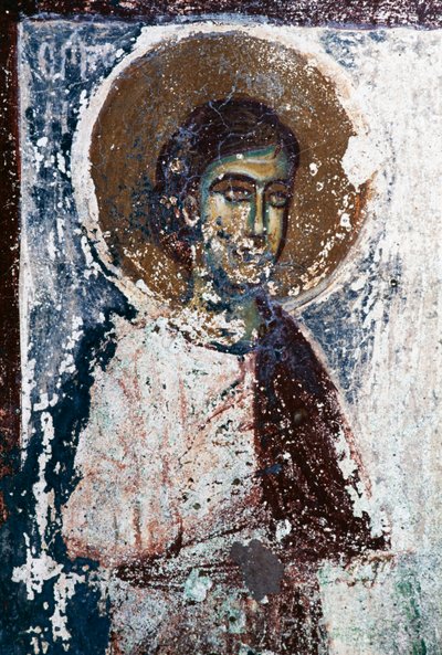 Figur eines Heiligen, Fresko in der Kirche Taxiarhon, Alt-Pyli, Kos Insel, Griechenland (Foto) von J.B. and Brown J. Rowbotham
