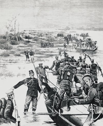 Japanische Truppen unter dem Kommando von Yamagata Aritomo überqueren den Yalu-Fluss von J.B. and Brown J. Rowbotham