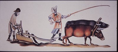 Mittelalterliche Männer pflügen mit Ochsen, aus einer Szene des Luttrell Psalters von J.B. and Brown J. Rowbotham