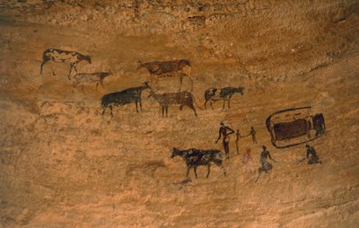 Szene des täglichen Lebens mit Vieh, Felskunst, Tassili n