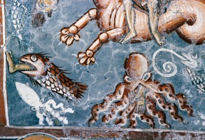 Meerestiere, Detail aus Fresko in der Kirche Agios Georgios, Mourne, Kreta, Griechenland (Foto) von J.B. and Brown J. Rowbotham