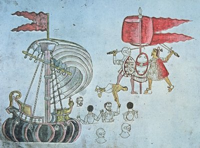 Spanische Soldaten von Hernan Cortes waten 1519 an Land, um gegen die Azteken zu kämpfen, kopiert aus dem Codex Azcatitlan, ca. 1550 von J.B. and Brown J. Rowbotham