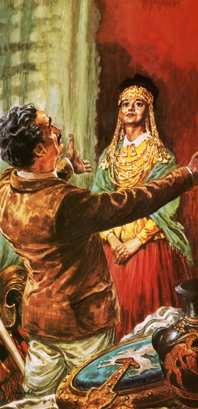 Heinrich Schliemann schmückt seine Frau mit auf dem Gelände des antiken Troja ausgegrabenen Ornamenten von C.L. Doughty