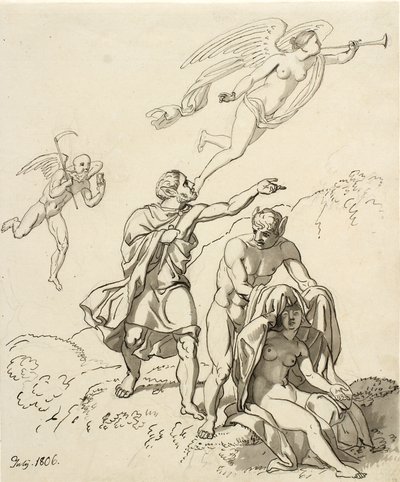 Allegorische Komposition; ein paar junge Männer mit Eselsohren und eine sitzende nackte Frau, im Hintergrund die Zeit und Fauna schwebend von Christoffer Wilhelm Eckersberg