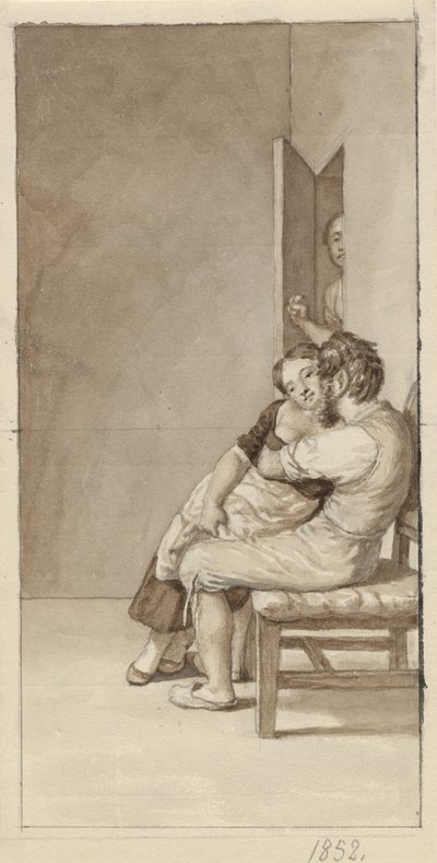 Ein Paar wird von einer Frau in einer halbgeöffneten Tür beobachtet von Christoffer Wilhelm Eckersberg
