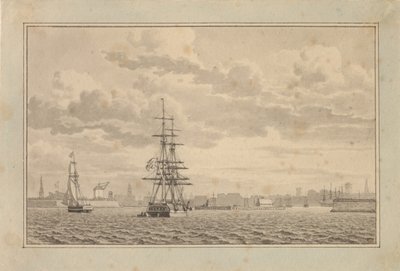 Kopenhagen vom Außenhafen aus gesehen mit einer vor Anker liegenden Brigg und einer segelnden Schaluppe von Christoffer Wilhelm Eckersberg