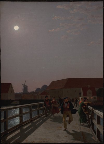 Langebro, Kopenhagen, im Mondlicht mit laufenden Figuren von Christoffer Wilhelm Eckersberg