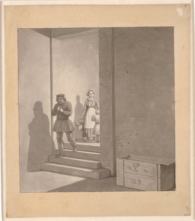 Mann auf der Treppe, im Hintergrund Frau und Kind von Christoffer Wilhelm Eckersberg