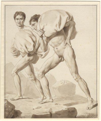 Moses teilt die Wasser und die Armee des Pharao wird verschlungen - Studie für zwei Israeliten auf Wanderung, beladen mit Gepäck von Christoffer Wilhelm Eckersberg