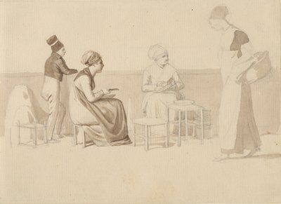 Szene aus einem Hof oder Kai in Paris. Vier sitzende, stehende und gehende Figuren. von Christoffer Wilhelm Eckersberg