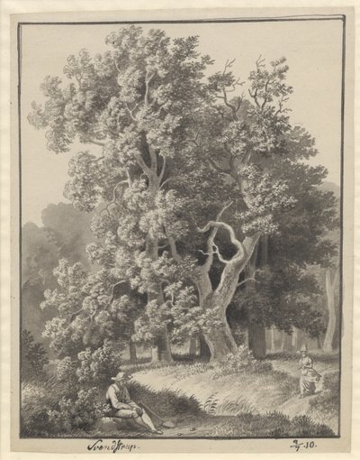 Waldpartie bei Svendstrup mit ein paar Figuren, vorne ein sitzender Mann mit einer Spaten von Christoffer Wilhelm Eckersberg