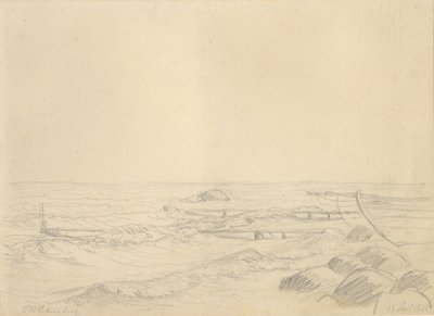 Strandpartie mit Wellen, die gegen Steine und einen Badesteg schlagen von Christoffer Wilhelm Eckersberg