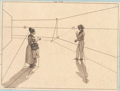 Zwei Figuren in einer geometrischen Konstruktion. Illustration zu "Linearperspectiven", Tafel IV von Christoffer Wilhelm Eckersberg