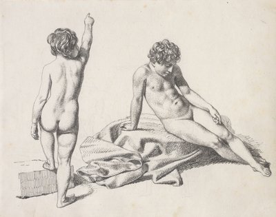 Zwei nackte kleine Mädchen, eines sitzend von vorne, das andere stehend von hinten von Christoffer Wilhelm Eckersberg
