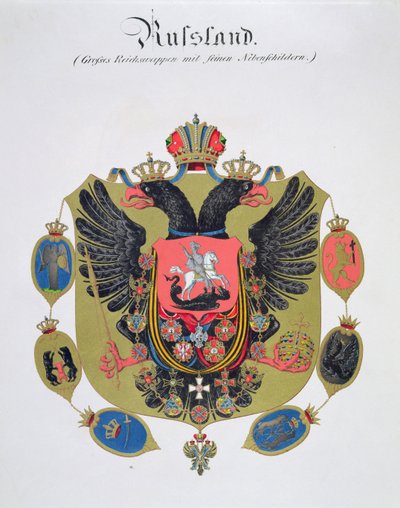 Waffen und Schild des Staates des kaiserlichen Russlands, aus einer Sammlung von Aquarellen, veröffentlicht in Deutschland, ca. 1830-33 von C. Hildebrandt
