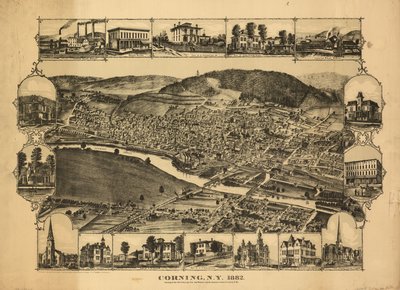 Corning, N.Y., 1882 - Kreuzung der New York, Lake Erie und Western und der Syracuse, Geneva & Corning R.R. von C. J. Philadelphia Publishing House; Corbin