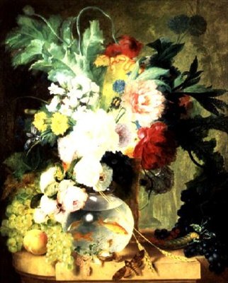 Stillleben mit Blumen und Fischglas von C. Kuipers