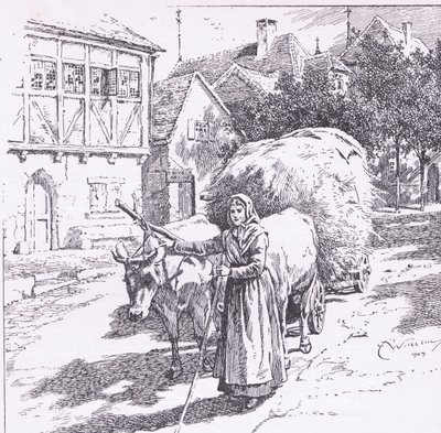 Karren, die von Ochsen gezogen wurden, rumpelten durch die stillen Straßen von C. Wilhelm
