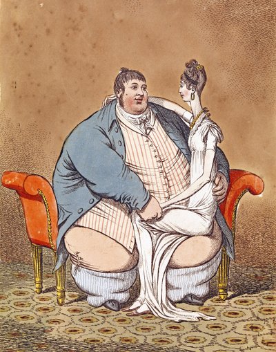 Dick und Dünn - Daniel Lambert im Kontrast zu einer dünnen Frau auf seinem Knie, 1806 von C. Williams