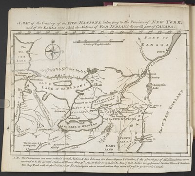 Eine Karte des Landes der Fünf Nationen, das zur Provinz New York gehört; und der Seen, in deren Nähe die Nationen der fernen Indianer leben, mit einem Teil von Kanada von Cadwallader Colden