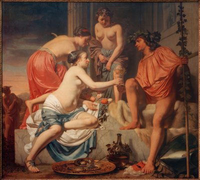 Der thronende Bacchus – Nymphen reichen Bacchus Wein und Früchte von Cesar Boetius van Everdingen
