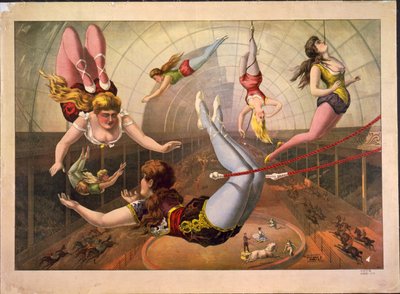 Weibliche Akrobaten an Trapezen im Zirkus, ca. 1890 von Calvert Litho. Co.