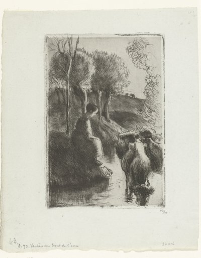 Hirtin mit Kühen am Wasser von Camille Jacob Pissarro