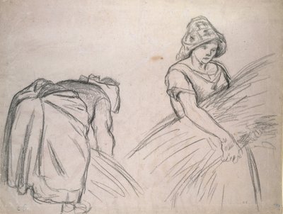 Studie von zwei weiblichen Erntehelfern, 1882 (schwarze Kreide auf rosa Papier mit Weiß) von Camille Jacob Pissarro