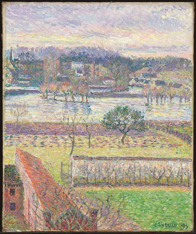 Blick aus meinem Fenster, Überschwemmung, Abend, Eragny; Vue de ma fenetre, inondation, effet de soir, Eragny, 1893 von Camille Jacob Pissarro