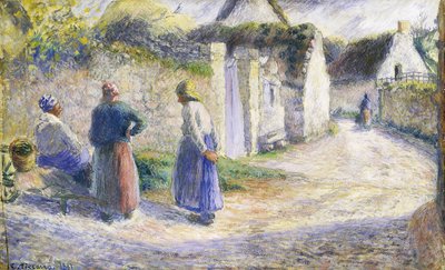 Dorfstraße mit drei Personen rechts von Camille Jacob Pissarro