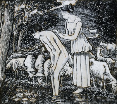 Chloë wäscht Daphnis an einem Bach, Kompositionsstudie für eine Illustration, ca. 1895 von Camille Pissarro