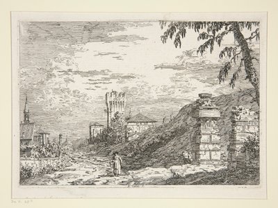 Landschaft mit Turm und zwei zerstörten Säulen, aus der Serie Vedute von Canaletto (Giovanni Antonio Canal)