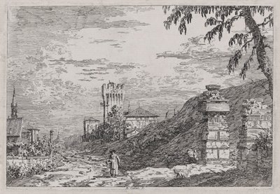 Landschaft mit Turm und zwei zerstörten Säulen, aus der Serie Vedute von Canaletto (Giovanni Antonio Canal)