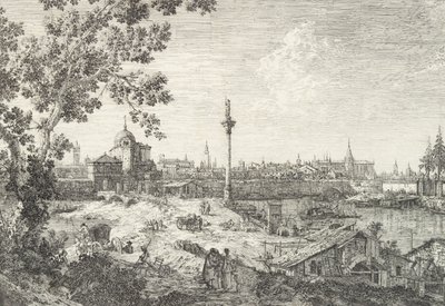 Imaginäre Ansicht von Padua, mit einem Campanile und einer Kuppelkirche links, einer Säule... von Canaletto