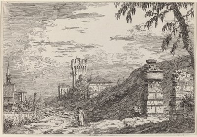 Landschaft mit Turm und zwei zerstörten Säulen, ca. 1735-1746 von Canaletto