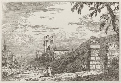 Landschaft mit Turm und zwei zerstörten Säulen [links], ca. 1735-1746 von Canaletto