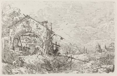 Landschaft mit einer Frau an einem Brunnen, um 1735-1746 von Canaletto