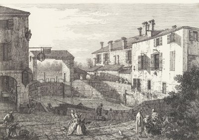 Die Schleusen von Dolo, ein ovales Becken mit Booten in der Mitte, Gebäude auf beiden Seiten,..., 1735-46 von Canaletto