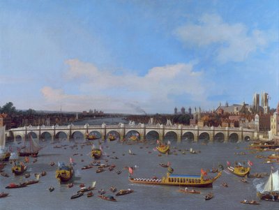 Westminster Bridge mit der Prozession des Lord Mayor auf der Themse von Giovanni Antonio Canal