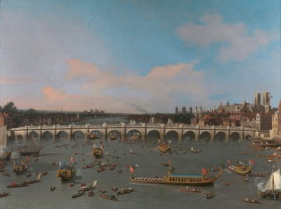 Westminster Bridge, mit der Prozession des Lord Mayor auf der Themse von Canaletto