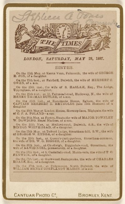 [Geburtsanzeige aus "The Times," London, Samstag, 28. Mai 1887] von Cantuar Photographic Company