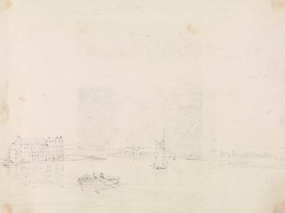 Skizze von Booten und einem großen Gebäude, vom anderen Ufer des Medina-Flusses von Capt. Thomas Hastings