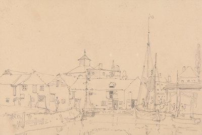 Skizze von Segelbooten, die neben einem Dorf festgemacht sind von Capt. Thomas Hastings