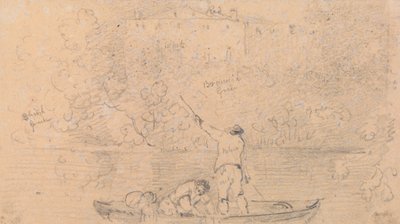 Skizze von zwei Männern in einem Boot und einem Haus am Ufer von Capt. Thomas Hastings