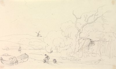 Skizze einer Hütte am Fluss mit einer Windmühle in der Ferne von Capt. Thomas Hastings