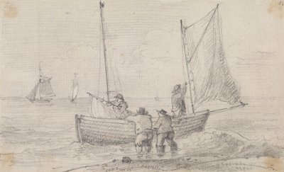 Skizze einer Gruppe, die die Segel am Ufer von Hastings vorbereitet von Capt. Thomas Hastings